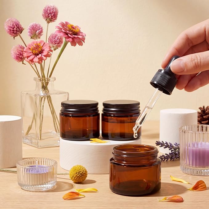 Domensi 60 Pcs 1oz Glass Jars with Lids Bulk Small Glass Salve Tins Cream Container Cosmetic Jars for Travel Balm with Inner Liners for Sample Cream (Amber,Black Lid,Metal Lid)