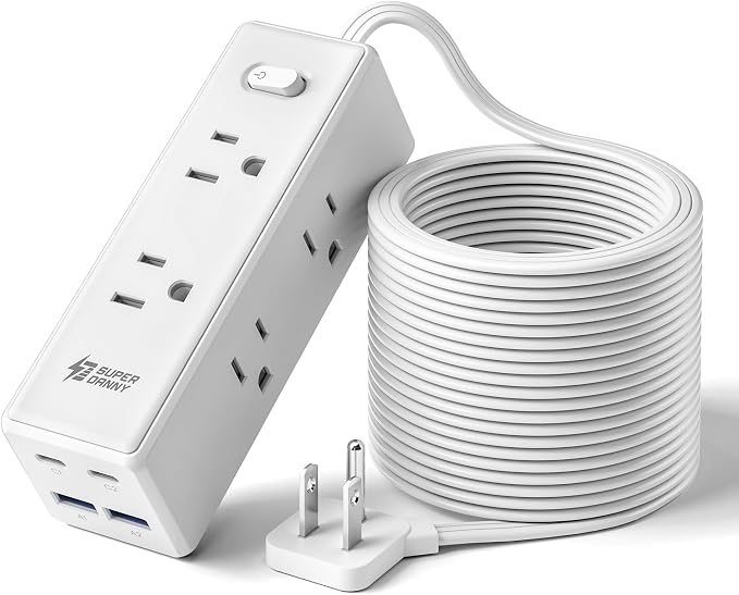 15 Ft Extension Cord with Multiple Outlets, Long Extension with 6 Outlets 4 USB Ports(2 USB C), Flat Plug Surge Protector Power Strip for Home, Office Supplies, Dorm Essentials