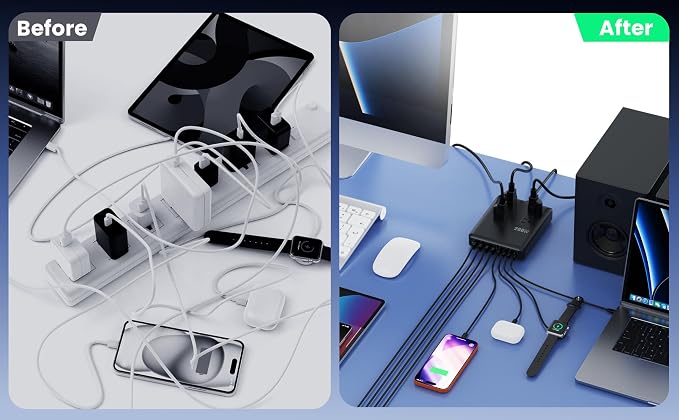 200W Charging Station,12-in-1 USB C Power Strip with Flat Plug and 5ft Extension Cord,4 AC Outlets,4 USB-A,4 USB-C Ports for iPhone 17/16/15,65W PD Fast Laptop Charger for MacBook, Home, Office, Dorm