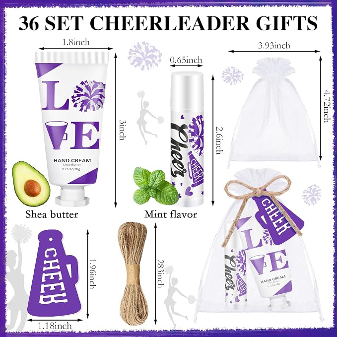 144 Pcs Cheerleading Lip Balms Hand Cream Sets Purple Cheerleading Party Supplies Including 36 Lip Balm and Moisturizing Hand Cream 36 Organza Bags Cards and Ropes for Team Thank You Gifts