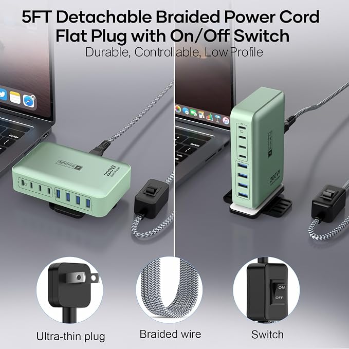 8-Port Multiple Charger Station 200W with Flat Plug, Braided Power Cord, and On/Off Switch- USB Charging Hub for iPhone, iPad, MacBook and More- 65W C Port Power Adapter for Laptops