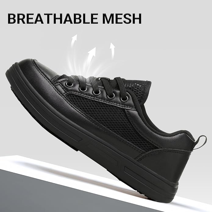 Treesky Black Slip On Non Slip Work Shoes for Women, Faux Leather Sneakers | Slip resistant soles, water resistant faux leather, wipe clean, EVA cushioning, no-tie slip-on, for kitchen & food service