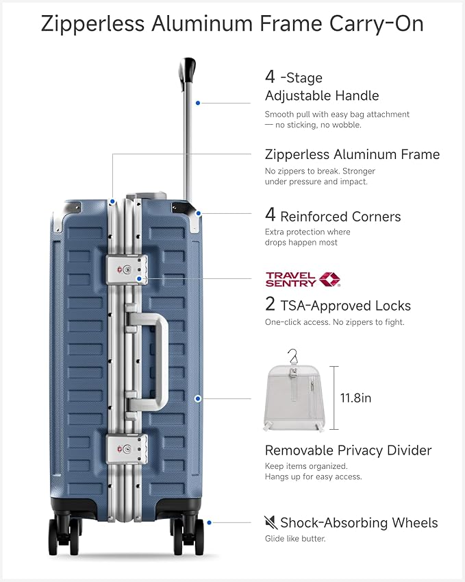Carry On Luggage with Spinner Wheels, 8010S Aluminum Frame Zipperless Polycarbonate Hard Shell Suitcase (ZX-Core, Blue, 20 Inch)