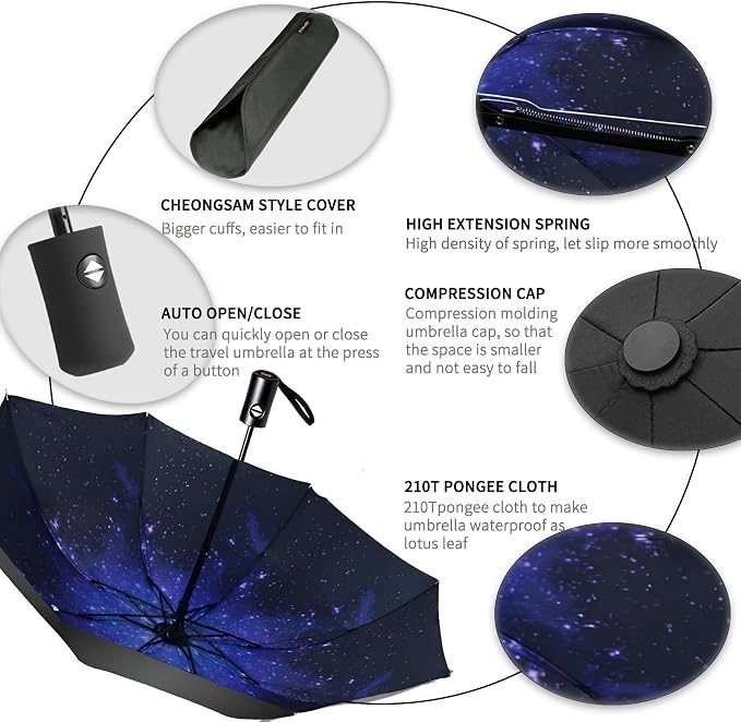 SIEPASA Compact Travel Umbrella - Windproof Auto Open/Close, Small Folding Umbrella for Rain & Sun with UPF50+ - Lightweight Frame, Waterproof - Fits Backpack, Purse, Suitcase.(UV-Starry)