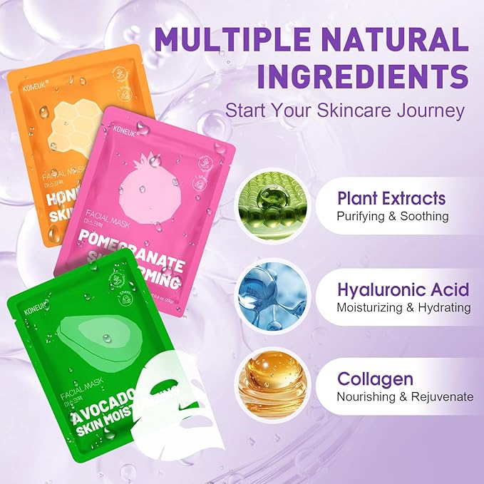 KONEUK 24 Pack Sheet Hydrating Face Masks Skincare, Soothing & Moisturizing Face Mask for All Skin Types, Bulk Collagen Face Mask for Women Skin Care, Facial Masks Set Spa Gifts for Women