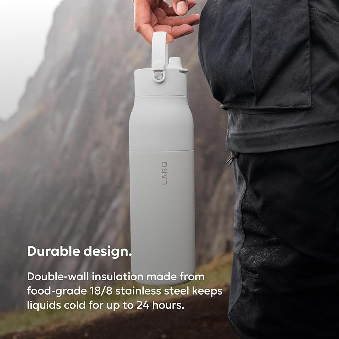 LARQ Swig Top — Insulated Stainless Steel Water Bottle with Straw, Detachable Silicone Handle, Vacuum 24h Cold, BPA-Free Metal Bottle for Gym, Travel, Office, Wide Mouth for Ice — 34 oz, Granite White