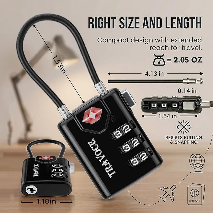 Search Alert TSA Approved Travel Combination Luggage Cable Locks for Suitcase, Gym Locker,Toolbox,Backpack 1,2,4,6 &10 pk (Black 3 Pack)