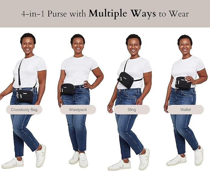 Baggallini Triple Zip Small Crossbody Bag for Women - Lightweight Convertible Fanny Pack Belt Bag