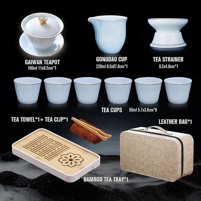 Chinese Tea Set, Gaiwan Tea Set with 6 Cups, Chinese Gongfu Teaset, Gold-plated Edge Craftsmanship(GaiwanB 6cups)