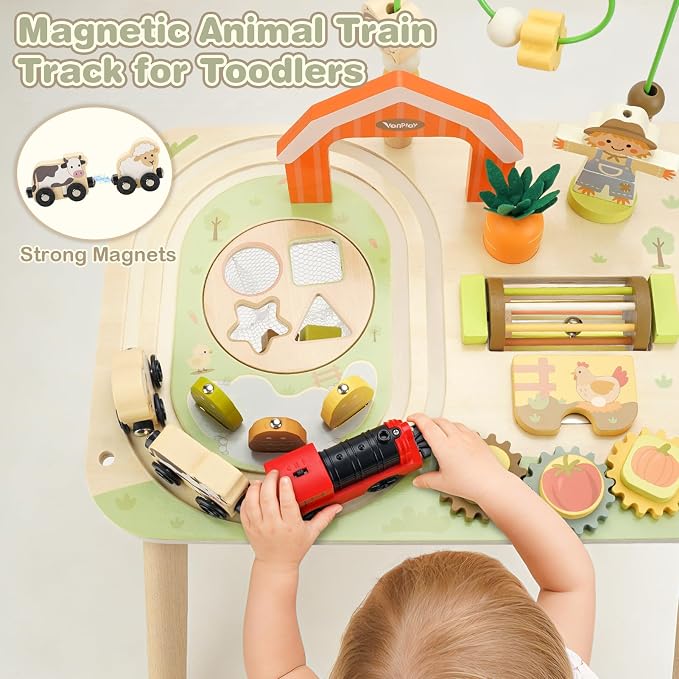Vanplay Activity Table for 1 Year Old Boy Girl Birthday Gifts, Montessori Toys for 1 2 Year Old, 10 in 1 Wooden Sensory Play Table for Toddler 1-3, Learning Table for Baby 12M+ First Gifts