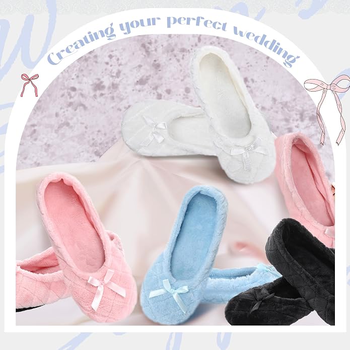 Geyoga 4 Pairs Women's Slippers Ballerina Ballet with Satin Bow Tie Non Slip Slippers Ballet House Socks for Wedding Housewarming