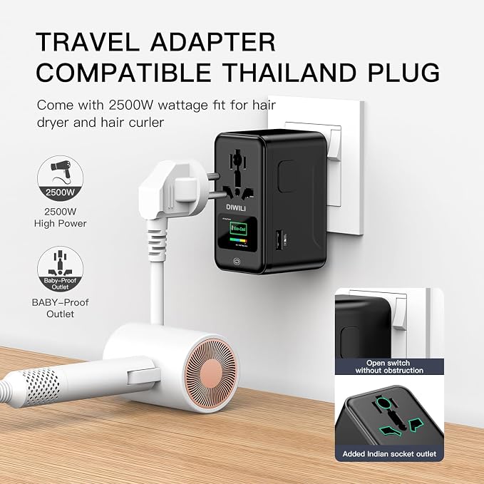 200W GaN Universal Travel Adapter with Smart Display, International Power Adapter with 3 USB-C & 1 USB-A Charging Ports, Travel Plug Adapter Worldwide for US to European UK AUS Ireland
