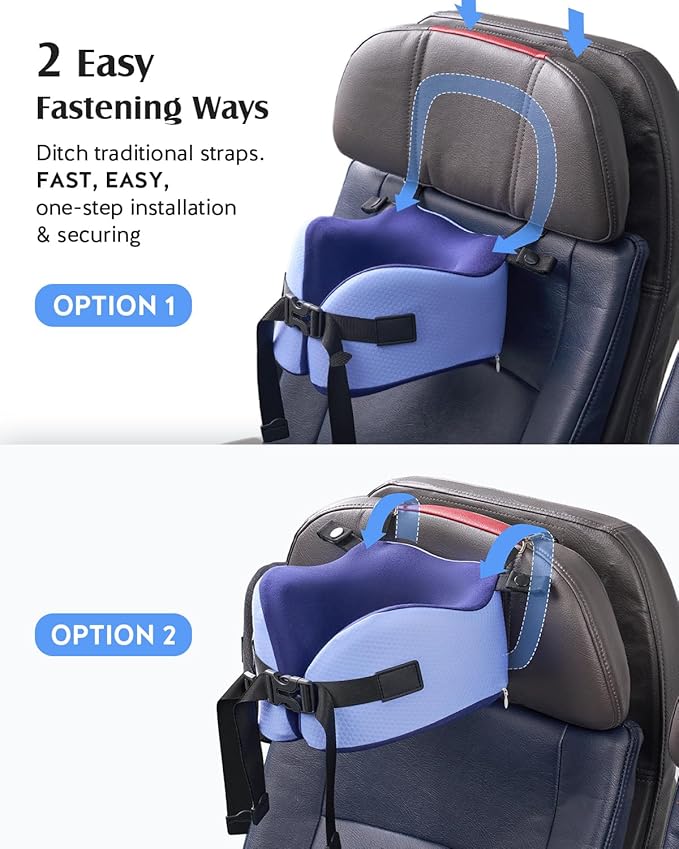 YFONG Travel Pillow for Long Flights, Patented 360° Ergonomic Sleeper Hold Head Support System with Memory Foam Neck Pillow & 3D Sleep Mask, Prevent Head Bobbing for Airplane & Road Trip, Blue