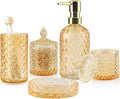 5Pcs Clear Gold Bathroom Accessories Set,Glass Bathroom Accessory Set, Bathroom Counter Sink Toothbrush Holder Set Includes 13.5oz Hand/Lotion Soap Dispenser & Tumbler & Soap Dish & Qtip Holders