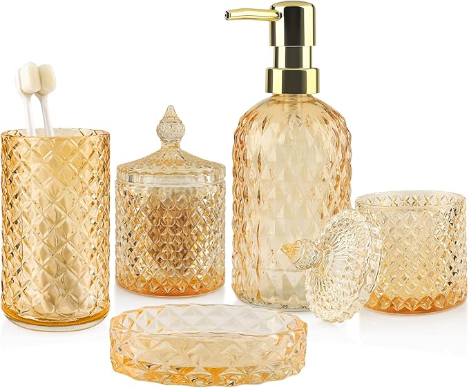 5Pcs Clear Gold Bathroom Accessories Set,Glass Bathroom Accessory Set, Bathroom Counter Sink Toothbrush Holder Set Includes 13.5oz Hand/Lotion Soap Dispenser & Tumbler & Soap Dish & Qtip Holders