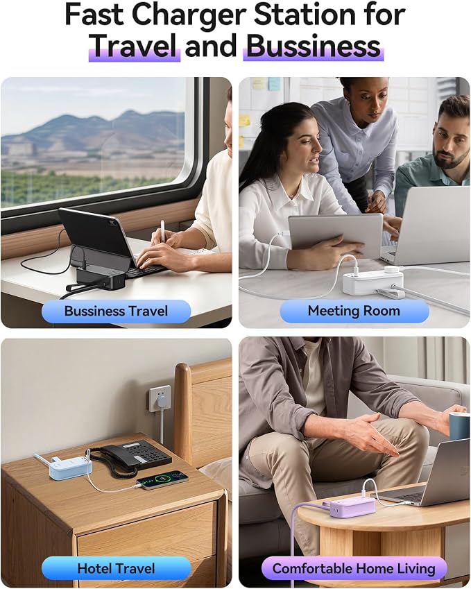 ORICO 100W GaN Power Strip for Laptop, 6 in 1 Multiple Outlets Extension Cord(2 AC Outlets, 2 USB-A, 2 USB-C Ports), 5ft Wrapped Flat Plug for Travel/Office ETL Listed