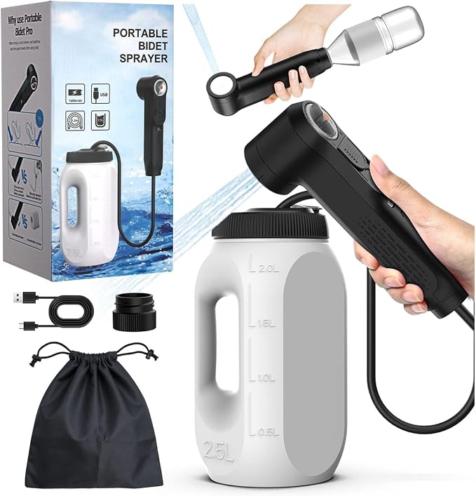 Portable Bidet for Travel,Electric Handheld Bidet Sprayer with 2.5L Peri Bottle & Adaptor,Dual Spray Modes,USB-C High Pressure Shower Toilet Butt Washer for Elderly Women Men Hygiene Camping Home