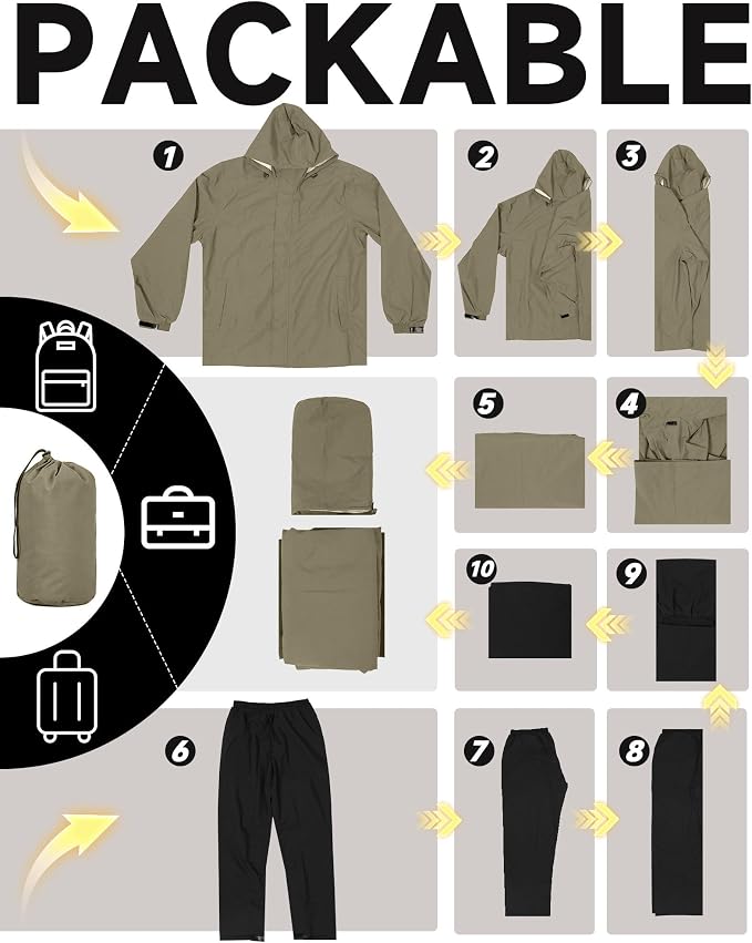 iCreek Rain Suit Waterproof Hooded Rain Gear Breathable Lightweight Packable Rain Jacket Pants Men Women for Hiking Fish Golf
