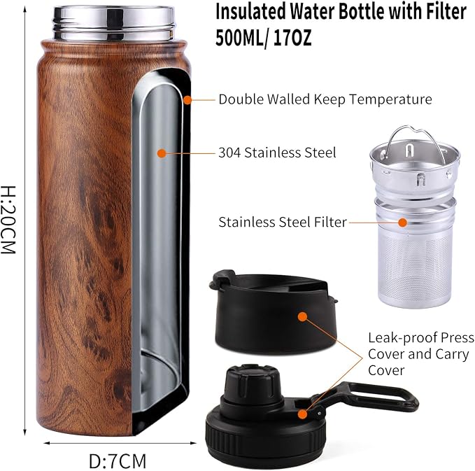 Sivaphe Tea Infuser Bottle With Removable Loose Leaf Tea Strainer, 18/8 Stainless Steel Insulated Travel Tumbler Festival Gift(Wood Grain)