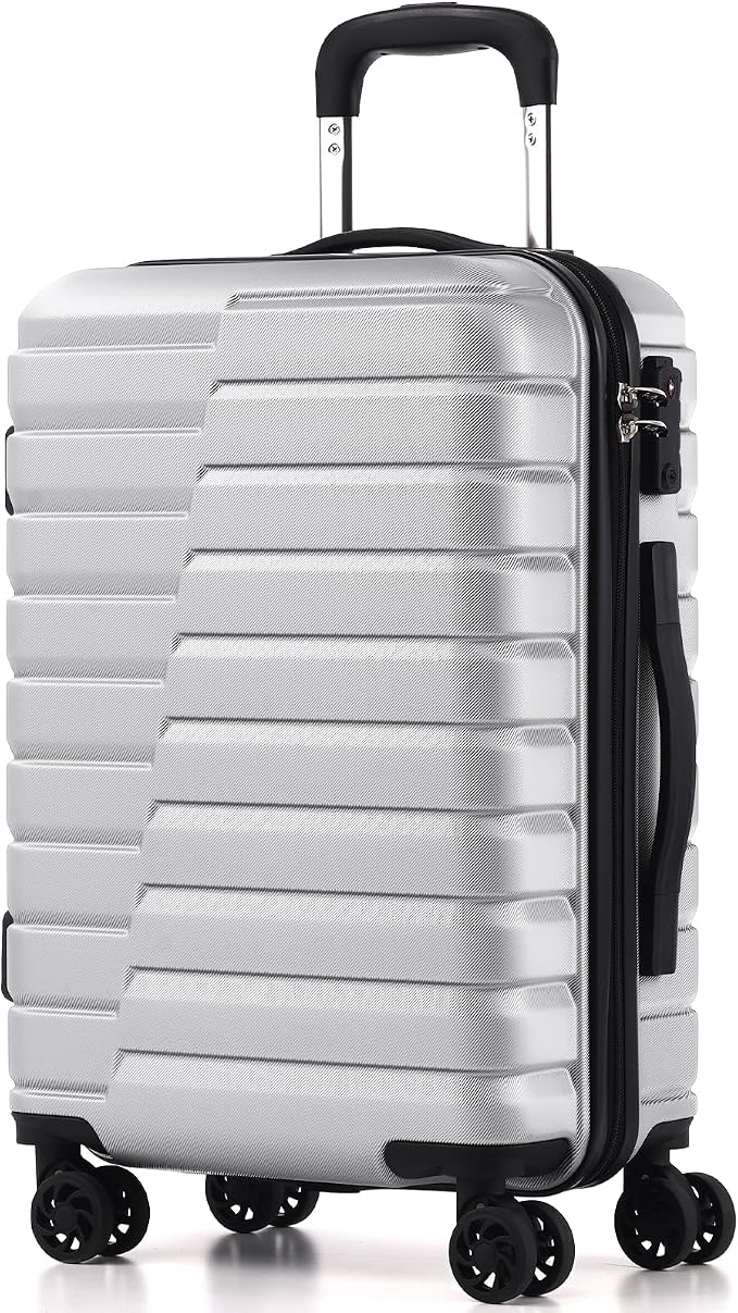 Coolife Carry On Luggage Airline Approved with Wheels Hard Shell Suitcase Spinner TSA Lock Telescopic Handle 20-inch,Silver