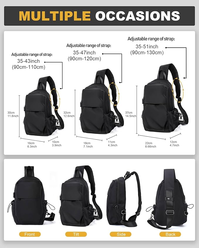 SEAFEW Medium Black Black Sling Bag for Men and Women - Sport Crossbody Backpack for Pickleball, Tennis, Racketball