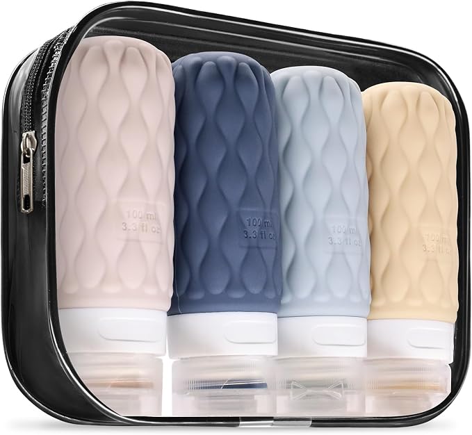 100 ml Silicone Travel Bottles for Toiletries with Labels/Clear Bag, Holiday Travel Essentials Leakproof Refillable Squeeze Travel Size Containers Set for Shampoo and Conditioner