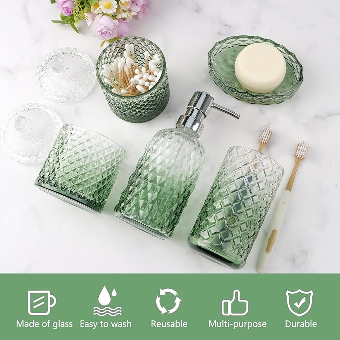 5Pcs Glass Bathroom Accessories Set,Green Vintage Bathroom Accessory Set, Bathroom Counter Sink Toothbrush Holder Set Includes 13.5oz Hand/Lotion Soap Dispenser & Tumbler & Soap Dish & Qtip Holders