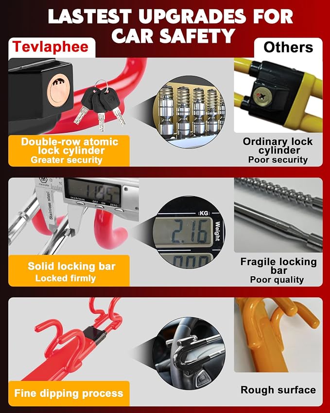 Tevlaphee Steering Wheel Lock Anti-Theft Car Device Heavy Duty Security Car Lock Antitheft Locking Devices Great Deterrent Adjustable Car Wheel Lock Anti Theft for Vehicle Truck SUV with 3 Keys (Red)
