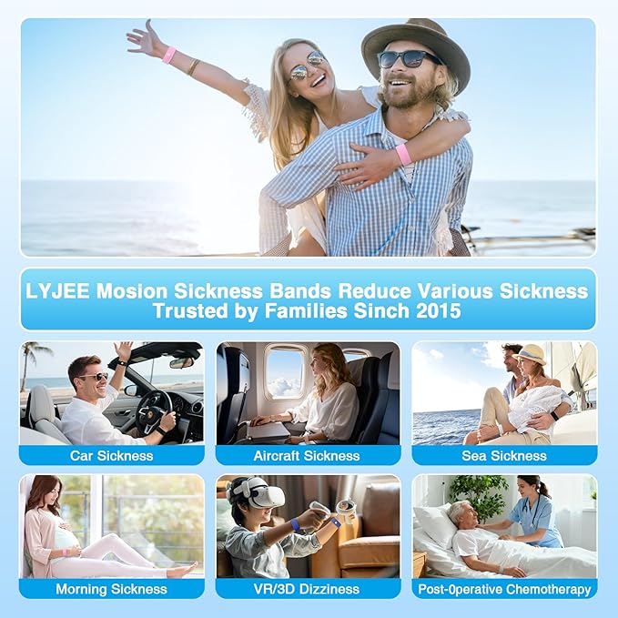 LYJEE Motion Sickness Bracelets for Adults and Kids: Motion Sickness Bands Nausea Relief for Pregnant Women - Natural Acupressure Anti Nausea Wristband Relief for Car Cruise Air Travel Sickness