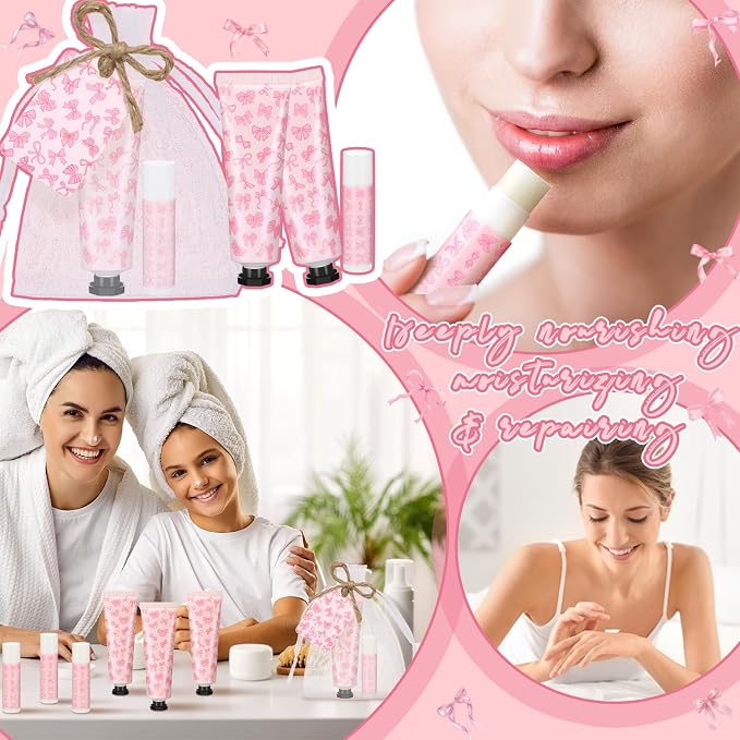 48 Sets Pink Bow Baby Shower Favors Bulk Coquette Baby Shower Gifts for Guests Include 48 Hand Cream and 48 Lip Balm Pink Bow Gender Reveal Decorations for Guests Friends