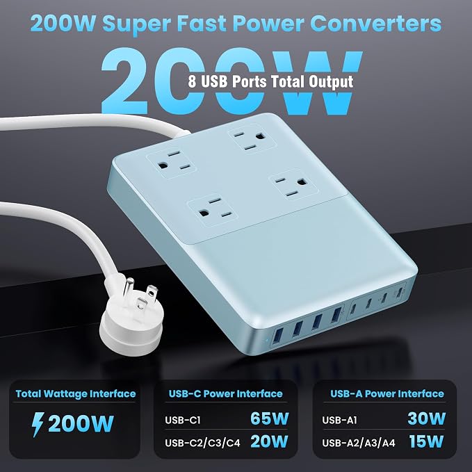 200W USB C Charging Station Power Strip with Cord and Plug,USB C Charger Block,4 AC Outlets,8 USB Ports for MacBook,iPhone 17/16/15,Fast Charging Desktop Charger for Office,Home (Sky Blue)