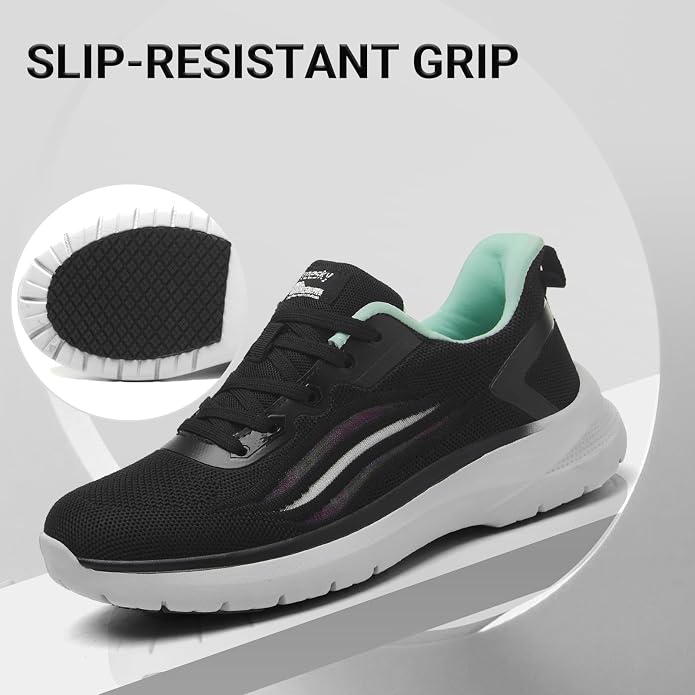 Treesky Black Non Slip Work Shoes for Women, Restaurant & Kitchen Sneakers | Slip resistant soles, lightweight cushioning, breathable knit, removable insole, for nursing, food service & long shifts