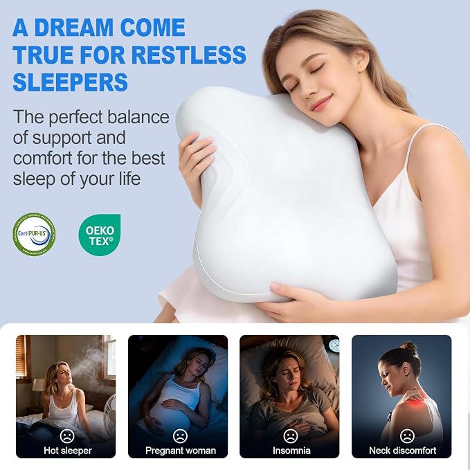 Cervical Neck Pillow – Cooling for Side Sleepers, Adults & Neck Pain | Ideal Gift – Ergo Memory Foam Bed Pillow, Hypoallergenic CertiPUR-US Oeko-TEX. For Sleep Apnea, Back, Stomach & Snoring