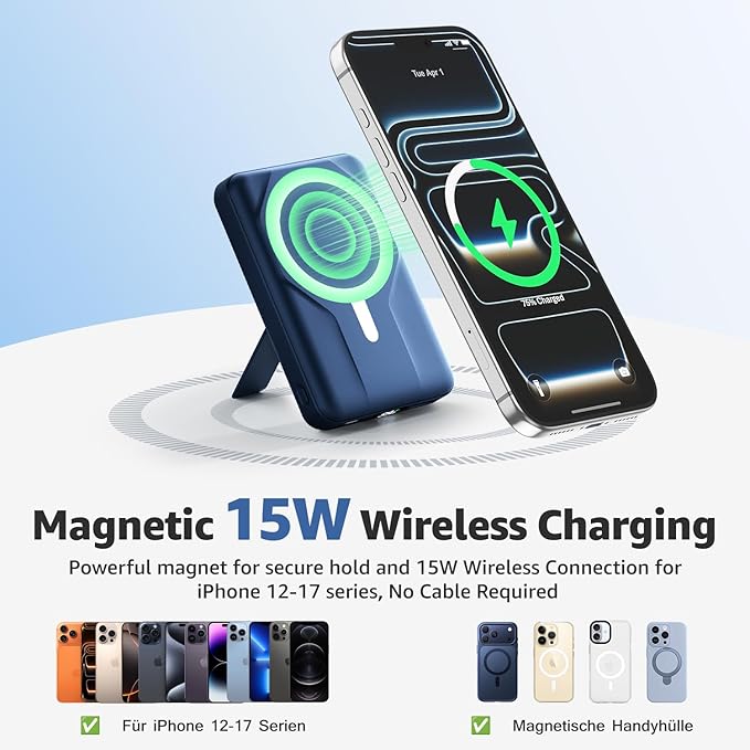 Azmuth Magnetic Power Bank,10000mAh for MagSafe Battery Pack, 22.5W PD Fast Charging,LED Display & Foldable Stand Wireless Portable Charger for iPhone 17/16/15/14/13/12/Pro/Pro Max/Plus,Sea Blue