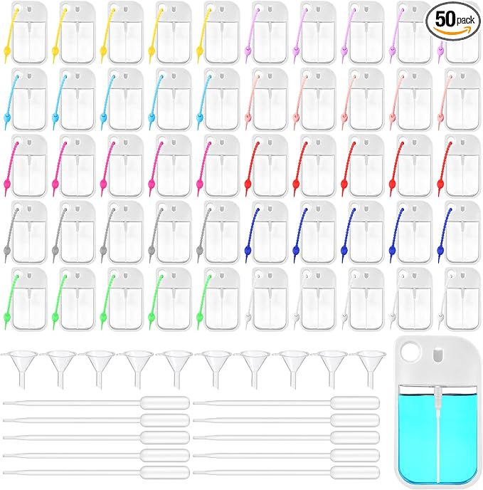 Rtteri 50 Pcs Empty Hand Sanitizer Spray Bottle Travel Size Mini Hand Sanitizer Rubber Lanyard Portable Refillable Perfume Bottle Funnel Dropper for Purse Backpack Party Favor (White,40 ml,Rect)
