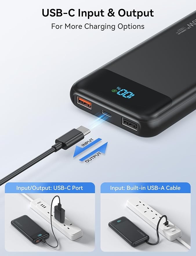 Nusyddy Portable Charger 10000mAh PD20W w/4 Built-in Cables/6 Outputs Black | PD20W Fast Charging, LED Display, Pass Through Charging, Charge 6 Devices at once, TSA Approved, Fits iPhone, iPad, Samsung