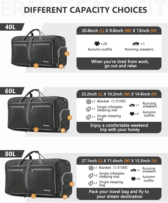 Gonex Large Foldable Travel Duffle Bag with Shoes Compartment, Packable Lightweight Water Repellent Duffel Bag for Camping Gym Weekender Bag