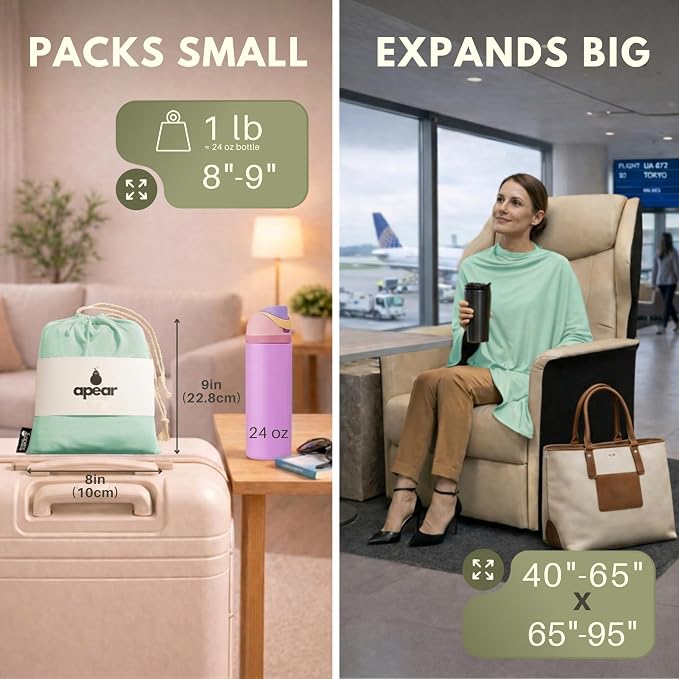 16-in-1 Compact Travel Blanket with Bag – Reversible, Ultra Soft Bamboo Airplane Blanket with Hidden Pocket – Packable for Flights & Travel Essentials (Semi-Weighted, Double Layer)