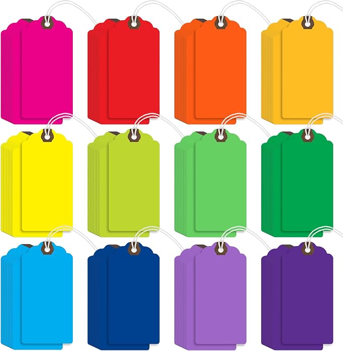 Outus 480 Pcs Manila Tags Rainbow Colors Gift Tags with String Attached Shipping Luggage Paper Tag Hanging Price Label for Christmas DIY Crafts Gift Holiday Party Favors