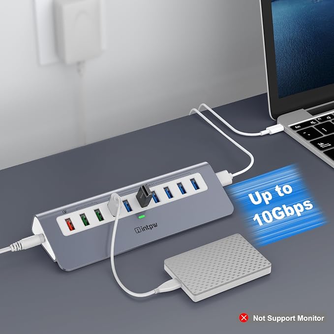 Powered USB Hub 10Gbps, 10 Port USB 3.2 Gen 2 Hub with 7 USB 3.2 Data Ports, 3 Fast Charging Ports, 36W Power Adapter, Type A and Type C Cable, Aluminum USB Hub for Laptop, Mac, PC