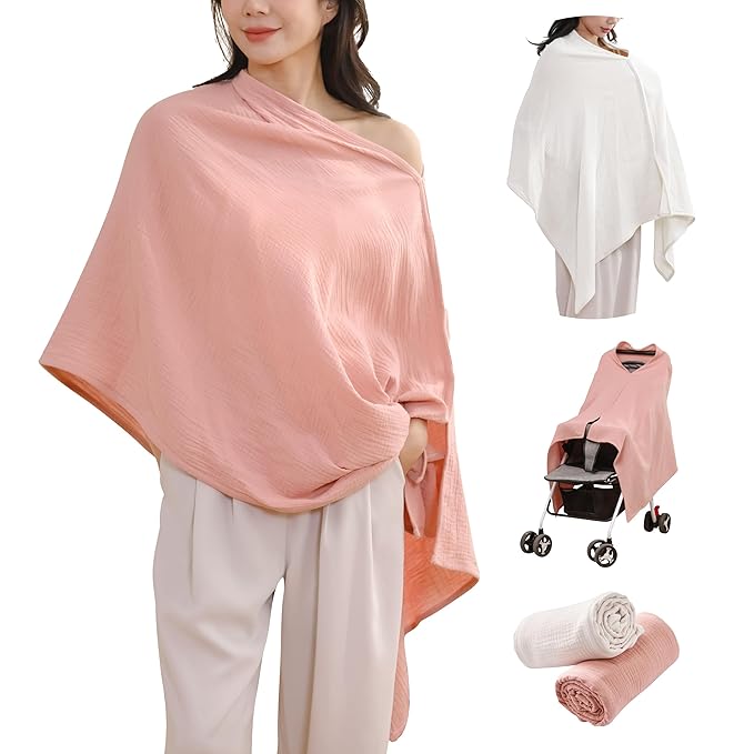 TADO MUSLIN 2-Pack Nursing Covers for Breastfeeding, 100% Organic Cotton Muslin Nursing Cover for Mom, Soft Breathable Breastfeeding Cover, Full Privacy Cover for Nursing, Extra Coverage L Pink White