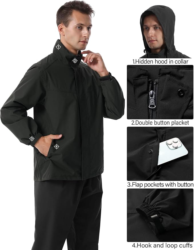 iCreek Rain Suit Waterproof Hooded Rain Gear Breathable Lightweight Packable Rain Jacket Pants Men Women for Hiking Fish Golf