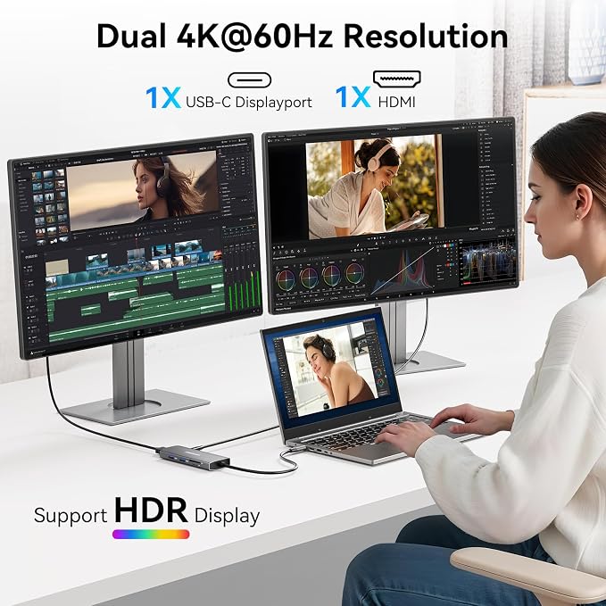 USB C Video Output Hub, 3 USB-C & 2 USB-A 3.2 10Gbps Ports, 4K@60Hz HDMI, 100W PD, SD/TF, USBC Splitter Dual Monitor Adapter for MacBook Pro/Air, iMac, iPad Pro, XPS, Surface, Galaxy S22,Samsung DEX