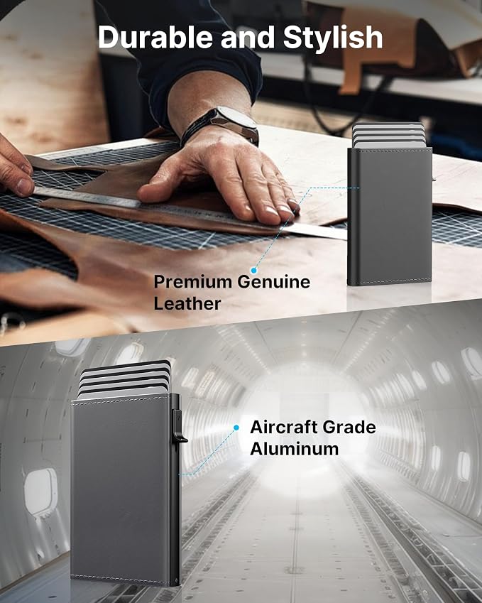 typecase Mens Wallet Card Holder: Pop Up Aluminum Case, Premium Genuine Leather, Smart, RFID Blocking, Slim, Minimalist, Front Pocket - 9-14 Cards Capacity | ID Window | Cash Slot (Deep Grey)