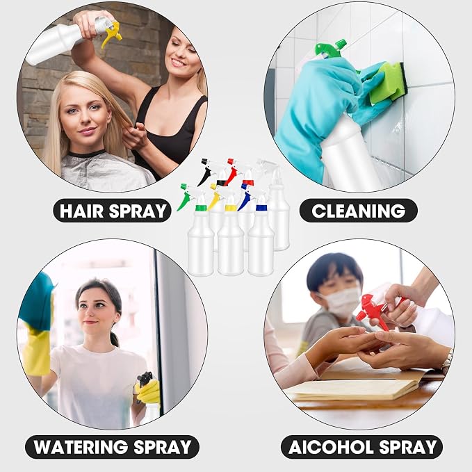 meekoo 12 Pcs 32 oz Plastic Spray Bottles Heavy Duty Spraying Leak Proof Mist Empty Water Bottle for Pets Cleaning Solutions Planting Spray Alcohol with Adjustable Nozzle and Label (Multicolor)
