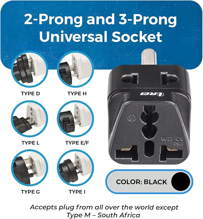 OREI US to India Plug Adapter- Type D Travel Adapter - 2 in 1 Travel Adapter for India, Nepal, Pakistan - CE Certified - RoHS Compliant - 4 Pack, Black
