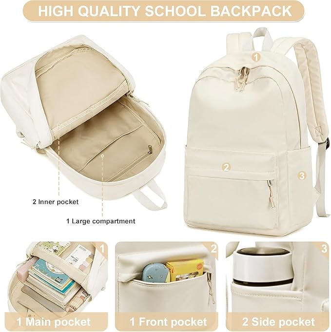 LOIDOU Backpack for Girls School Backpacks Bookbags for Elementary Middle School Women Laptop Backpacks (Beige, L-17)