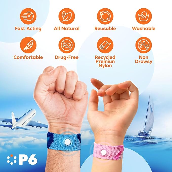 P6 Motion Sickness Bands for Adults Wristbands for Anti Nausea Sea Cruise Travel Car Pregnancy Morning Sickness All-Natural Non Drowsy Relief Acupressure Treatment (2 Pack, Red - Blue)