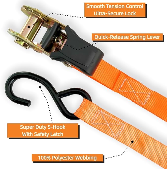 8PK Ratchet Tie Down Straps - 1in x 16feet, 1760LBS Break Strength, 8 Soft Loops, Wear-Resistant Webbing with Non-Slip Rubber Handle, S-Hooks & Storage Bag