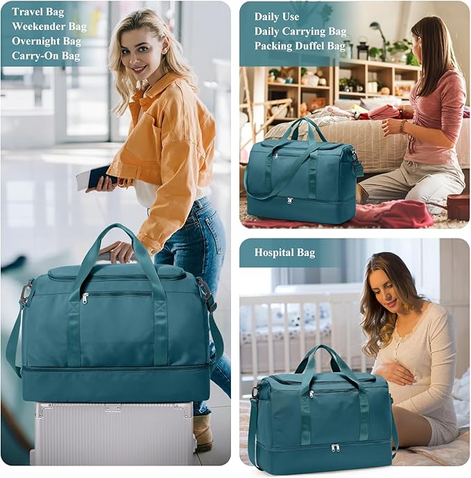 Extra Large Travel Duffle Bag,Carry on Overnight Bag with Shoes Compartment,Weekender Bags for Women for Travel Business Trips Sport Hospital,3 Pcs Set,Peacock Blue